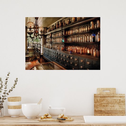 Farmacie - Zoveel bakken en flessen Poster (Keuken)