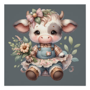 Farmcore Kawaii Kalf in Vintage Bloemjurk Perfect Poster