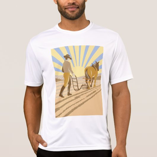 Farmer and Horse Plowing Field Retro Sunrise T-shirt (Voorkant)