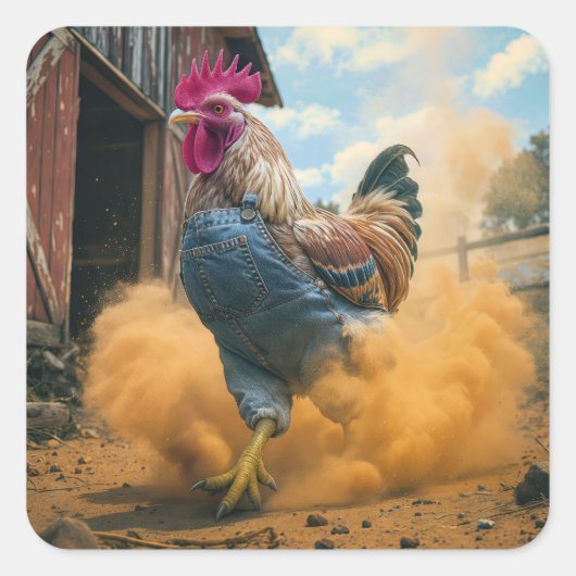 Farmer Rooster Kicking Up Dust Vierkante Sticker (Voorkant)