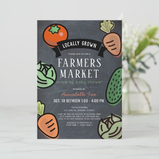 Farmers Market Chalkboard Drive-by Baby shower Kaart (Staand voorkant)
