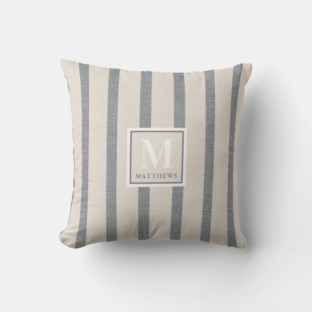 Farmhouse Beige and Country Blue Name Monogram Kussen (Voorkant)