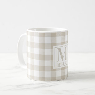 Farmhouse Beige Buffalo Check Family Name Monogram Koffiemok