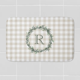 Farmhouse Beige Buffalo Check Monogramed Wreath Badmat