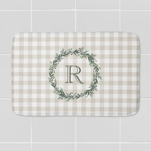 Farmhouse Beige Buffalo Check Monogramed Wreath Badmat