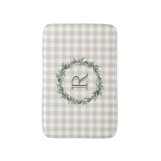 Farmhouse Beige Buffalo Check Monogramed Wreath Badmat (Voorkant Verticaal)