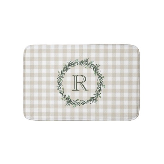 Farmhouse Beige Buffalo Check Monogramed Wreath Badmat (Voorkant)