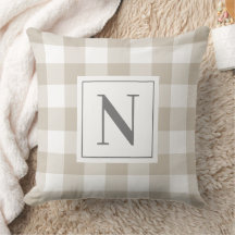 Farmhouse Beige Gray Gingham Check Pset Monogram