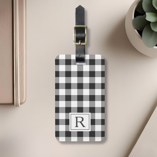 Farmhouse Black Buffalo Check Monogramma Bagagelabel