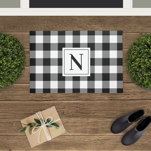 Farmhouse Black Custom Monogram Buffalo Plays Deurmat