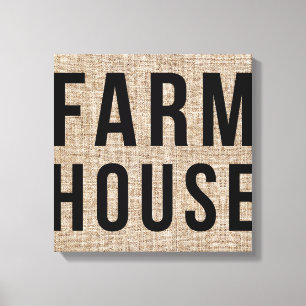 FARMHOUSE Black Lettering Rustige Burlap Sacking Canvas Afdruk