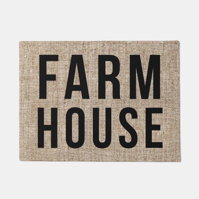 FARMHOUSE Black Lettering Rustige Burlap Sacking Deurmat (Voorkant)