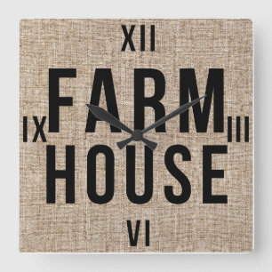 FARMHOUSE Black Lettering Rustige Burlap Sacking Vierkante Klok