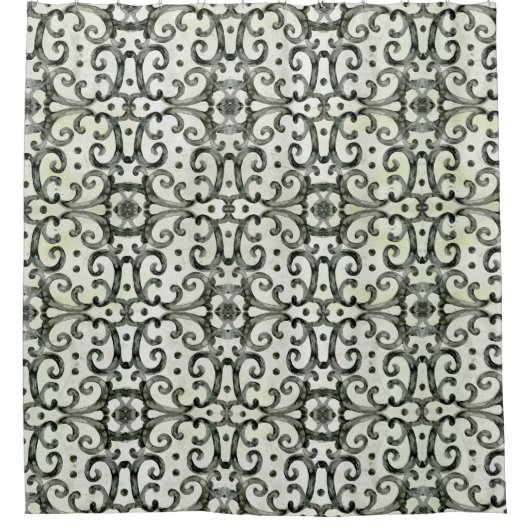 Farmhouse Black n White Scroll Waterverf Pattern Douchegordijn (Voorkant)