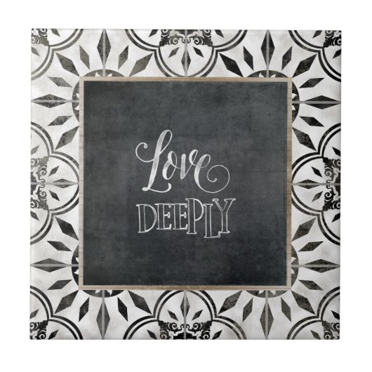 Farmhouse Black White Script Love Deeply Pattern Tegeltje (Voorkant)