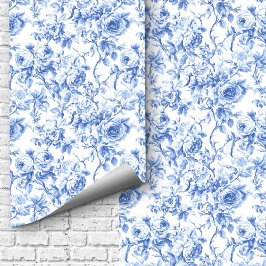 Farmhouse Blue French Toile Roses Floral Wallpaper Behang