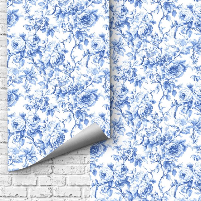 Farmhouse Blue French Toile Roses Floral Wallpaper Behang (Farmhouse Blue French Toile Roses Floral Wallpaper Design)
