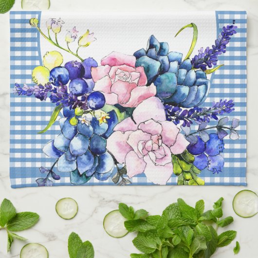 Farmhouse Blue Gingham and Rozen Personalized Theedoek (Gevouwen)