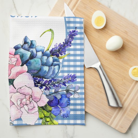 Farmhouse Blue Gingham and Rozen Personalized Theedoek (Quarter Fold)