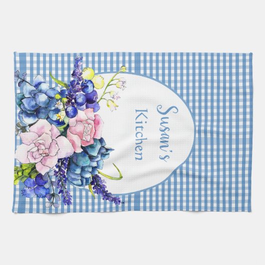 Farmhouse Blue Gingham and Rozen Personalized Theedoek (Horizontaal)