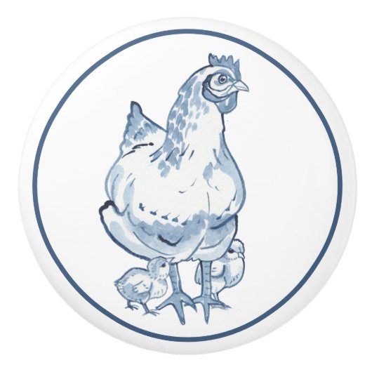 Farmhouse Blue & White Chicken Hen Chicken Delft Keramische Knop (Voorkant)