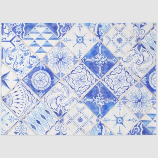 Farmhouse Blue White Diamond Tile Wood Decoupage 2 Tissuepapier (Voorkant)