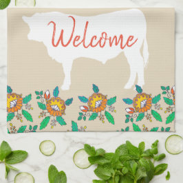 Farmhouse Bull Koe Silhouette & Country Flowers Theedoek