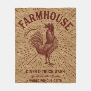 Farmhouse Burlap Print met Rooster Fleece Deken