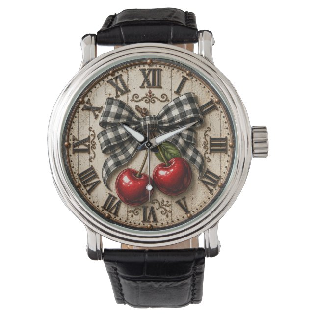 Farmhouse Cherry Rustic Buffalo Plaid Kitchen Horloge (Voorkant)