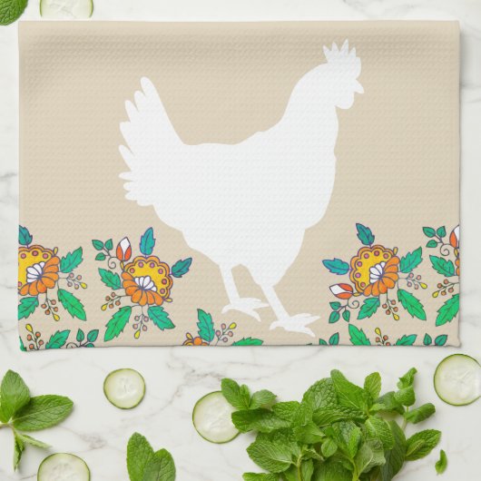 Farmhouse Chicken Silhouette & Country Flowers Theedoek (Gevouwen)
