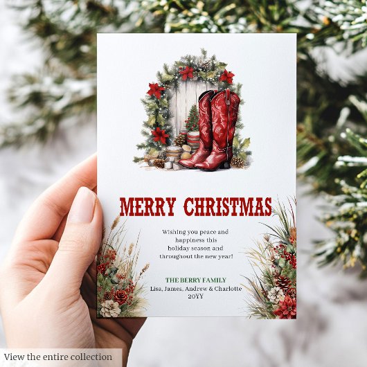 Farmhouse Christmas greeting card red green Feestdagenkaart