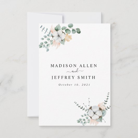 Farmhouse Cotton Eucalyptus Weddenschap RSVP Kaartje (Achterkant)