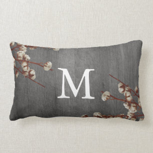 Farmhouse Cotton Flowers Grey Wood Plank Monogram Kussen