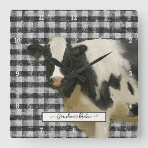 Farmhouse Cow Black n White Gingham Rustic Kitchen Vierkante Klok