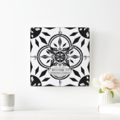 Farmhouse Damask Tegel Pattern Hood Familienaam Vierkante Klok (Huis)