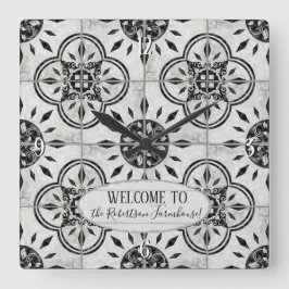 Farmhouse Damask Tegel Pattern Hood Familienaam Vierkante Klok