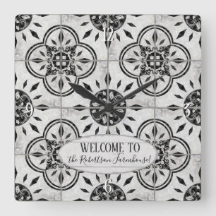 Farmhouse Damask Tegel Pattern Hood Familienaam Vierkante Klok