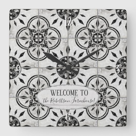 Farmhouse Damask Tegel Pattern Hood Familienaam Vierkante Klok (Voorkant)