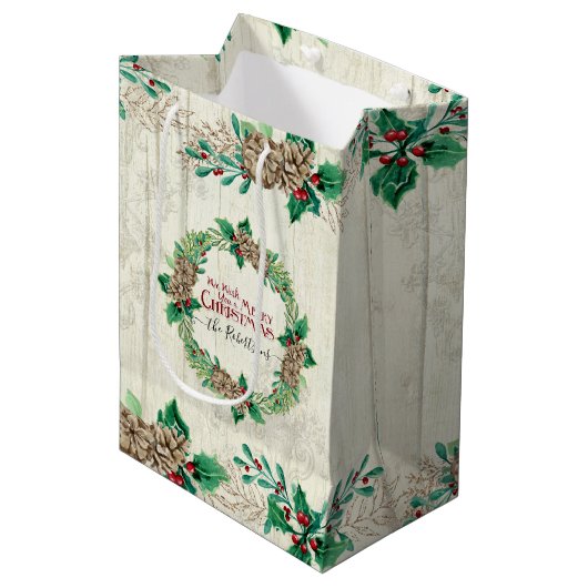 Farmhouse Family Merry Kerstmis Pine Cone Wreate Medium Cadeauzakje (Voorkant Gekanteld)