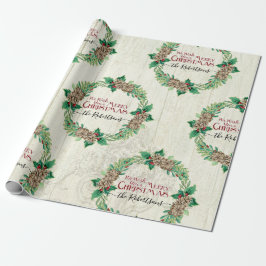Farmhouse Family Merry Kerstmis Wreatpine Cone Cadeaupapier