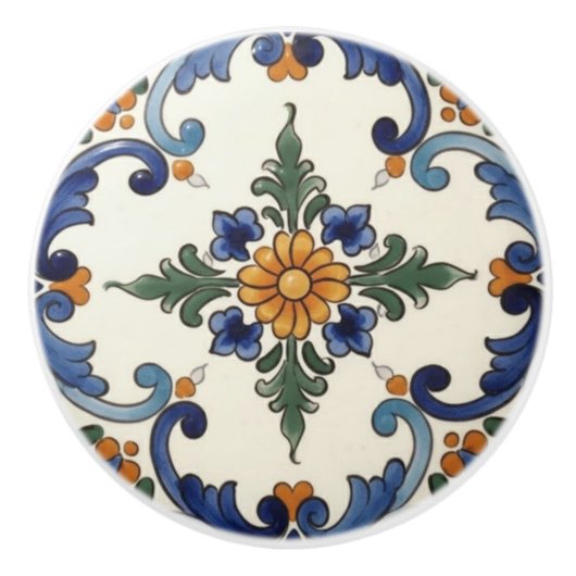 Farmhouse Folk Flower Mediterranean Blue Orange Keramische Knop (Voorkant)