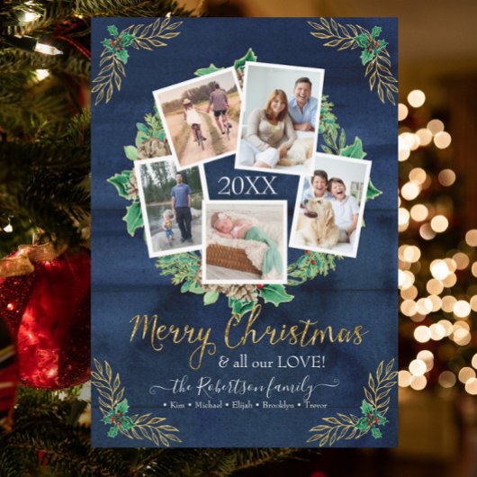 Farmhouse Foto met kerstmis Rustic Navy Wood Feestdagenkaart