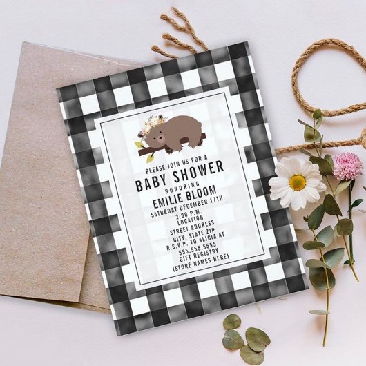 Farmhouse Gingham Boho Sleepy Beer Baby shower Kaart