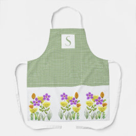 Farmhouse Green Gingham met Wildbloemen Monogram Schort