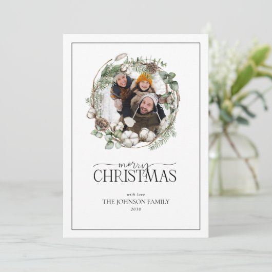 Farmhouse Greenery Wreath Merry kerstfoto Ho Feestdagenkaart (Staand voorkant)