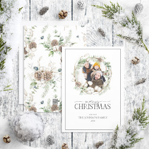 Farmhouse Greenery Wreath Merry kerstfoto Ho Feestdagenkaart