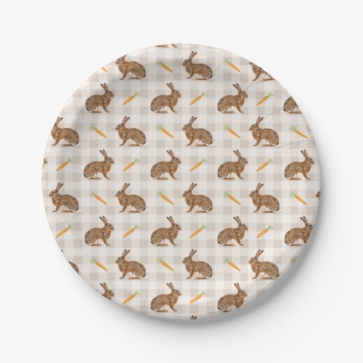 Farmhouse Hares And Carrots Rustic Beige Gingham Papieren Bordje (Voorkant)