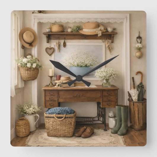 Farmhouse “Home Is Where Love Is”  Rustic Decor Vierkante Klok (Voorkant)