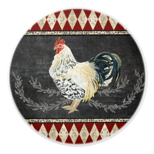 Farmhouse Kitchen Rooster Chalkboard Black n White Keramische Knop (Voorkant)