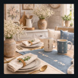Farmhouse Kitchen Still Life Botanical Table Poster<br><div class="desc">See coordinating items for a mix and match set. A peaceful farmhouse kitchen still life featuring a beautifully styled table setting with white plates, a linen napkin, and delicate lavender sprigs. Set against a rustic wood table with a soft blue placemat, this botanical kitchen wall art brings warmth, calm, and...</div>